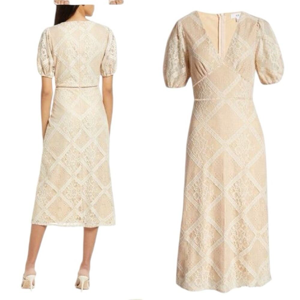 NSR NWTs Ana Rose Lace Tan Cream Romantic Dress size XS Midi Puff Sleeves